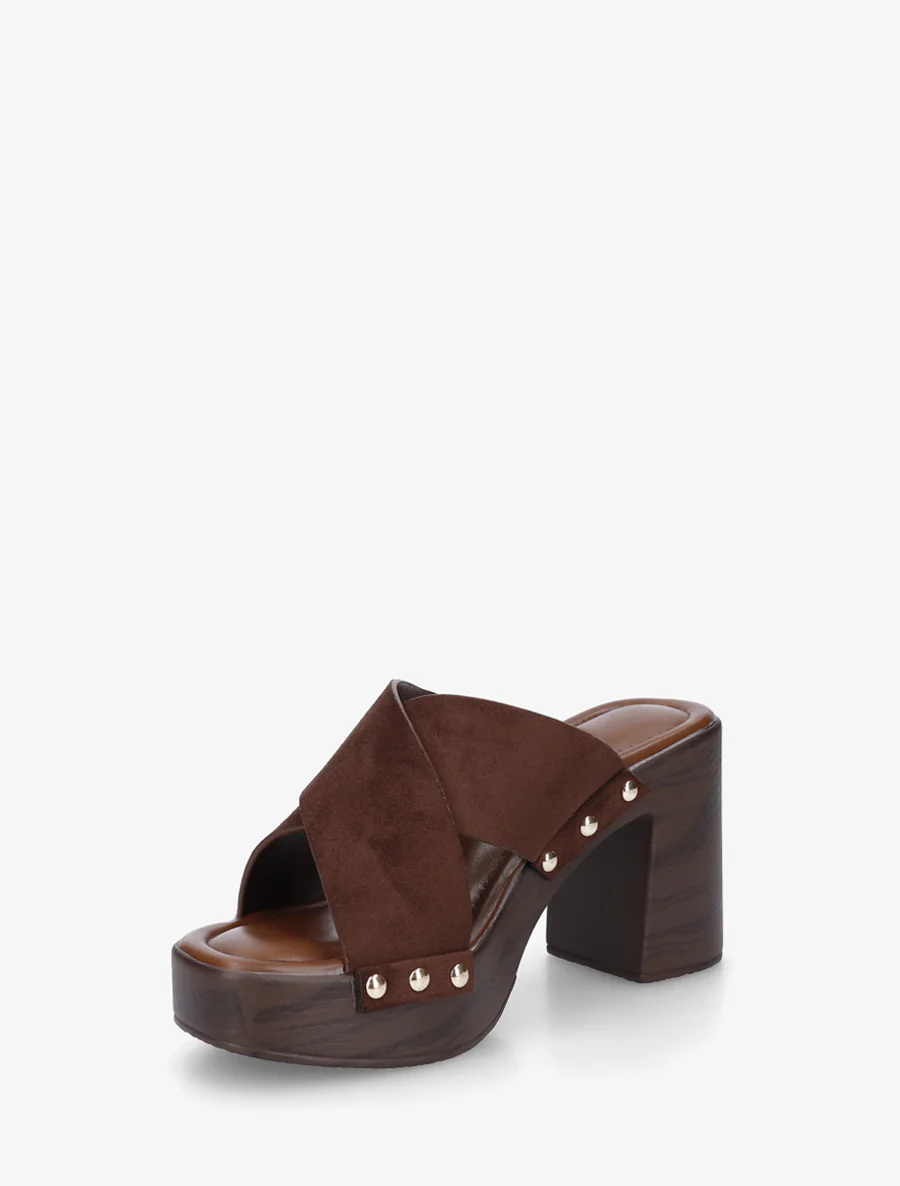 Mules à talon effet bois et ganse en suédine - Marron - Image 3