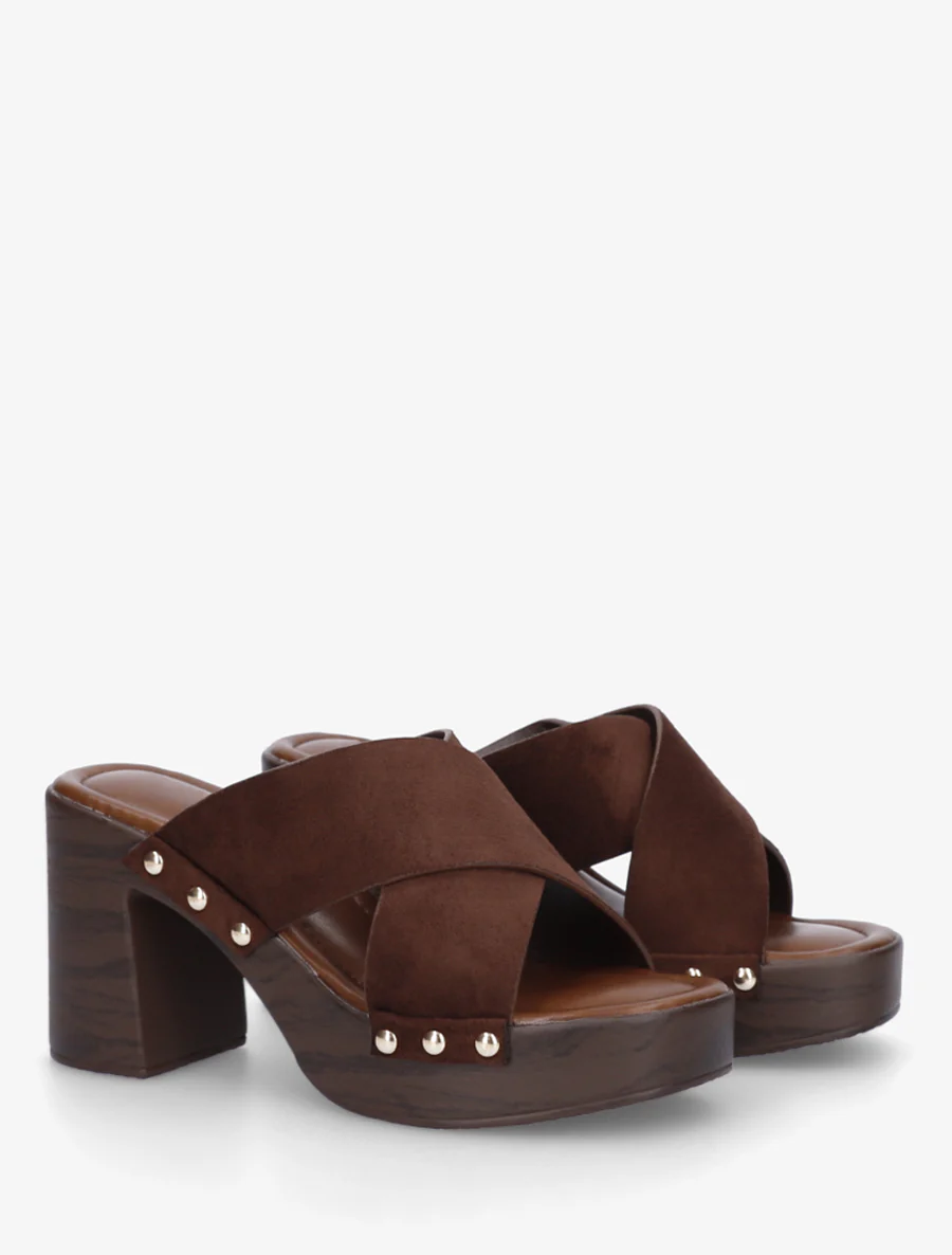Mules à talon effet bois et ganse en suédine - Marron - Image 4