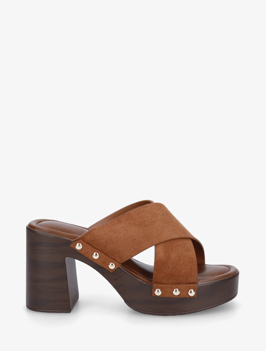 Mules à talon effet bois et ganse en suédine - Camel
