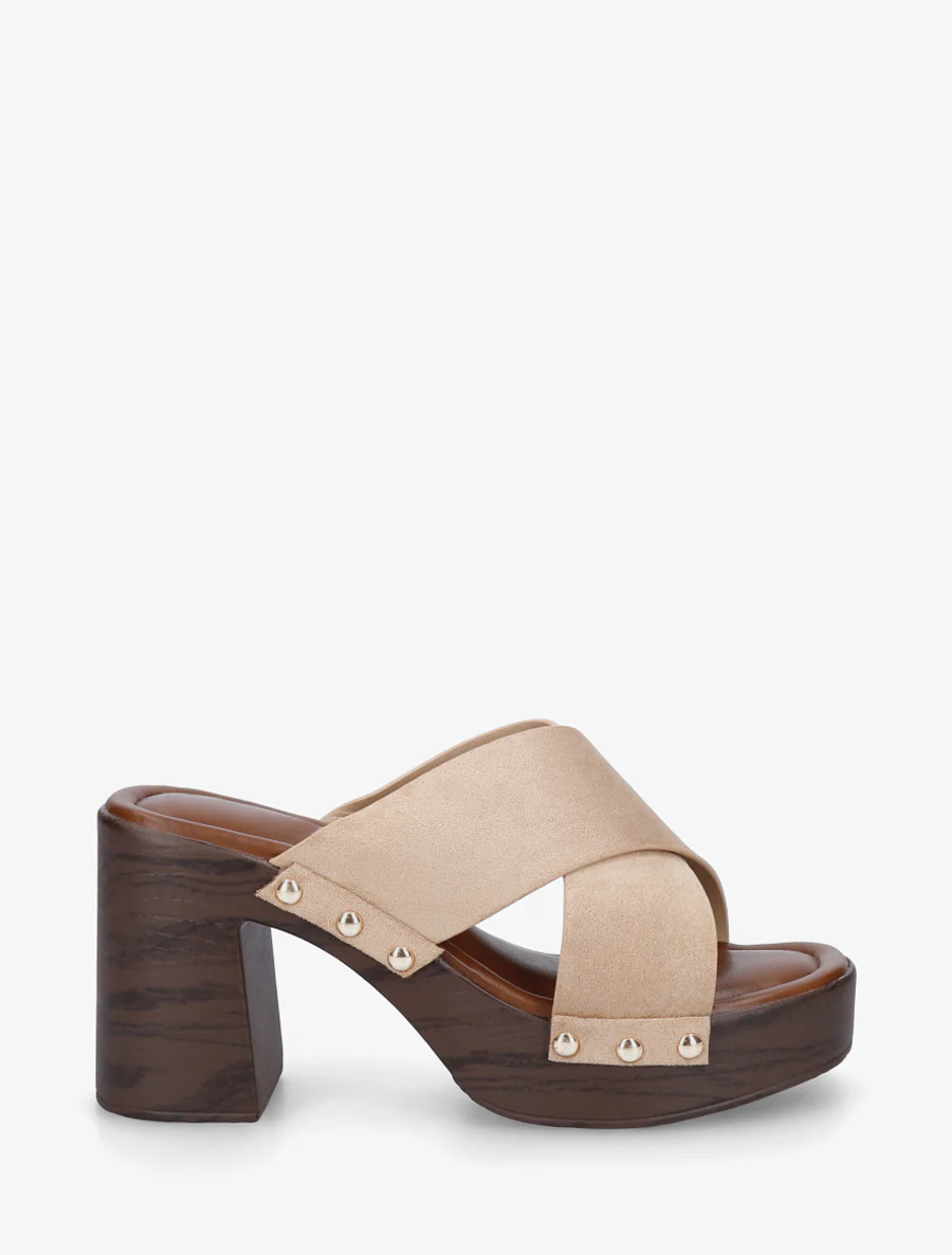 Mules à talon effet bois et ganse en suédine - Taupe