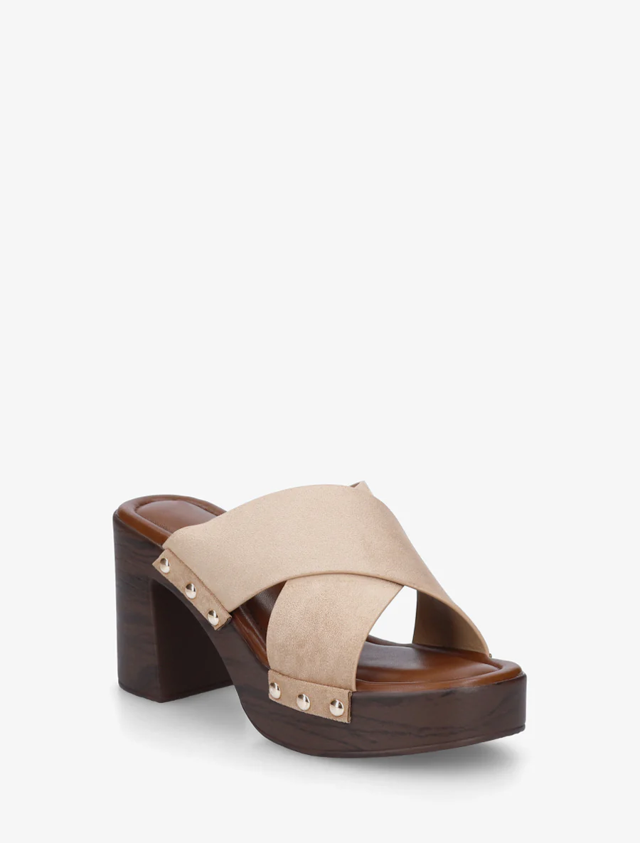 Mules à talon effet bois et ganse en suédine - Taupe - Image 2