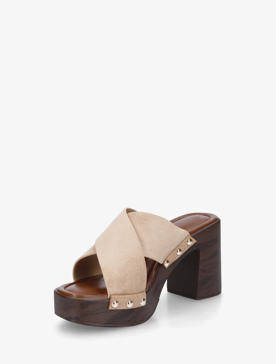 Mules à talon effet bois et ganse en suédine - Taupe - Image 3