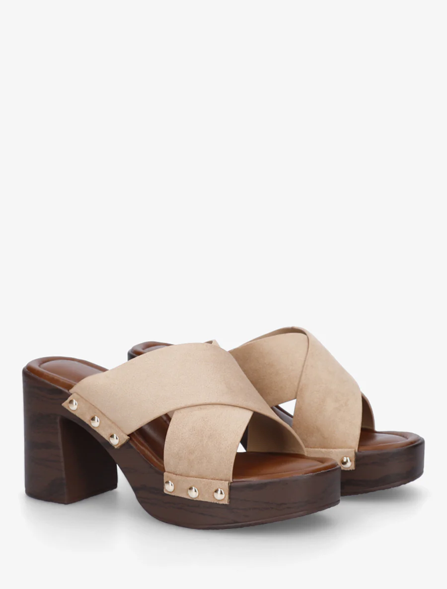 Mules à talon effet bois et ganse en suédine - Taupe - Image 4