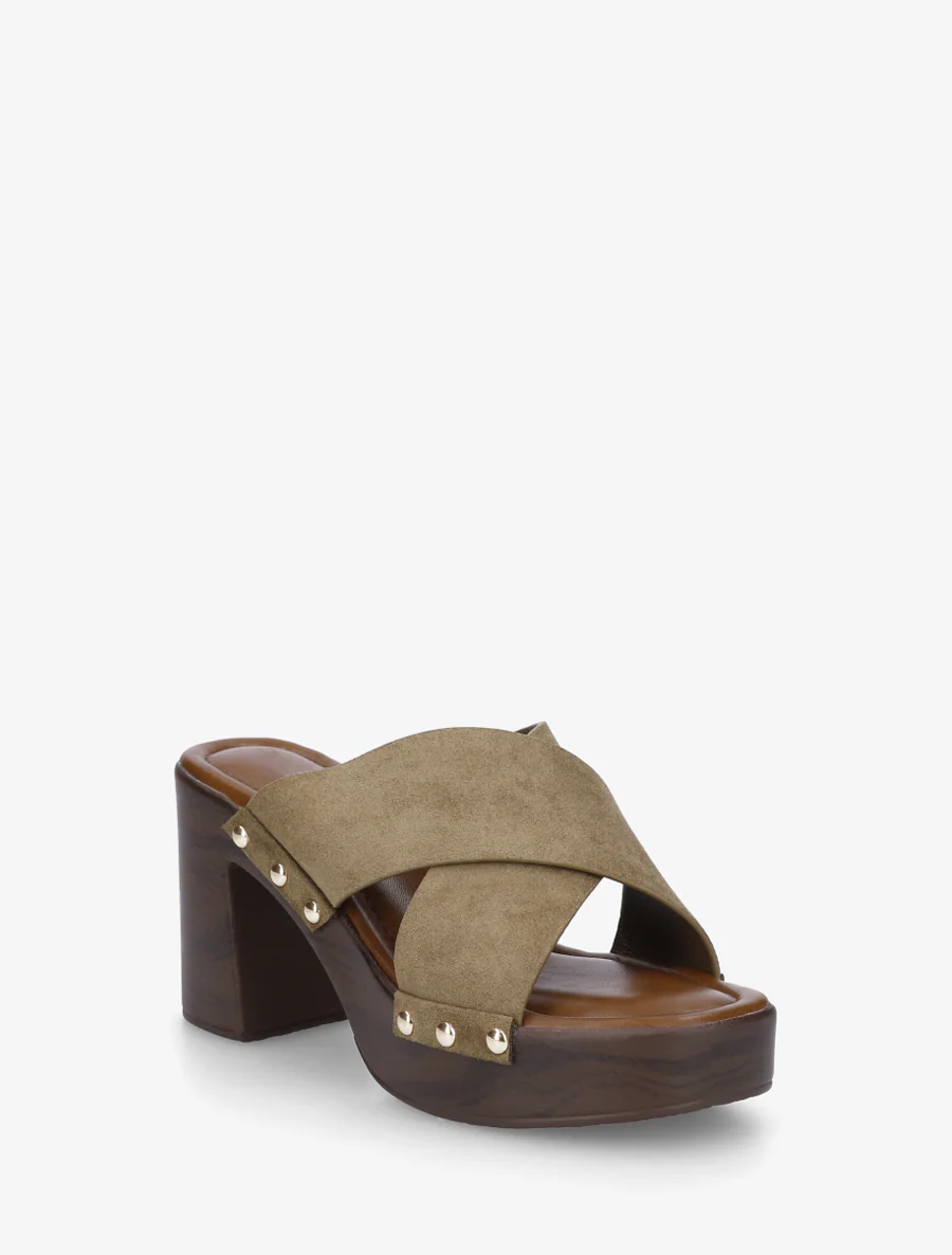 Mules à talon effet bois et ganse en suédine - Kaki - Image 2