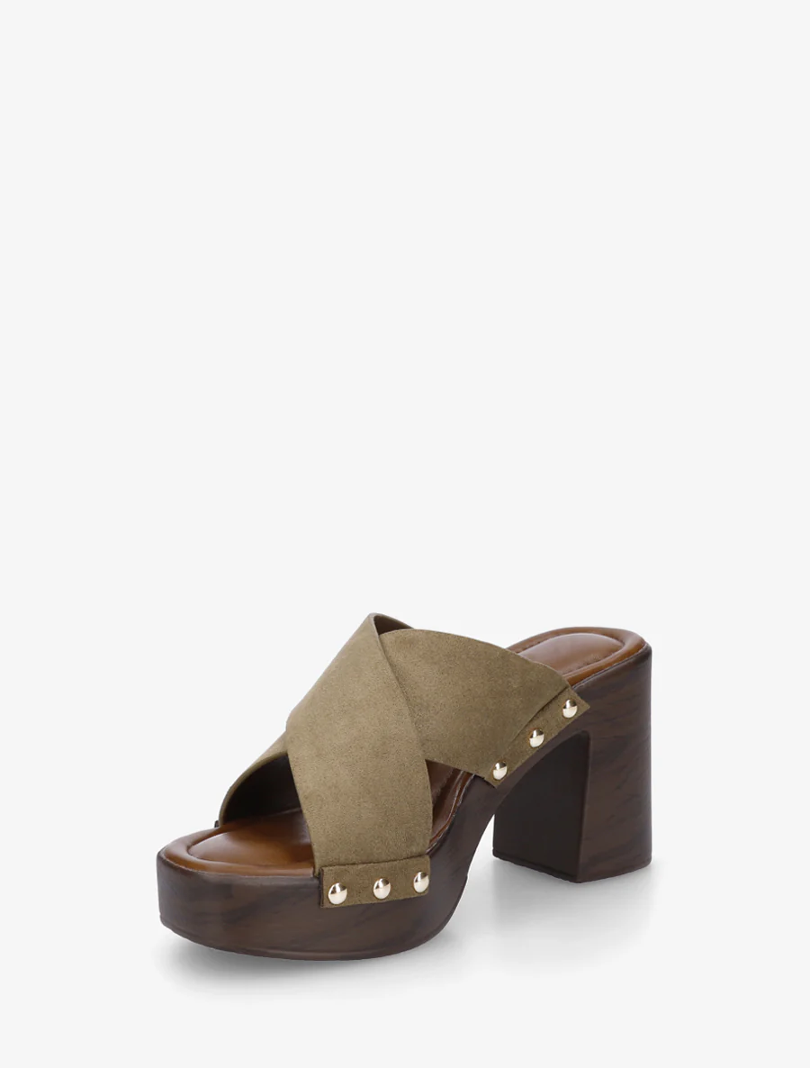 Mules à talon effet bois et ganse en suédine - Kaki - Image 3