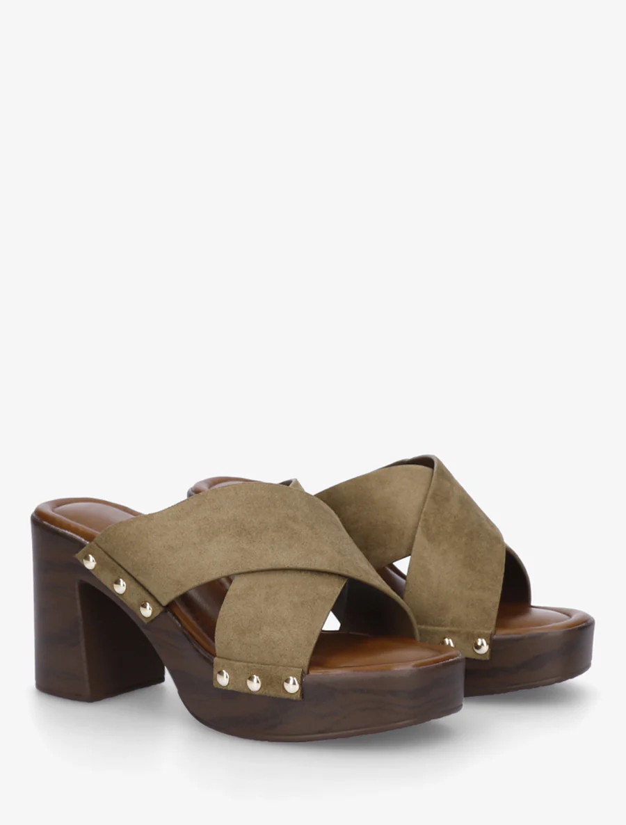 Mules à talon effet bois et ganse en suédine - Kaki - Image 4