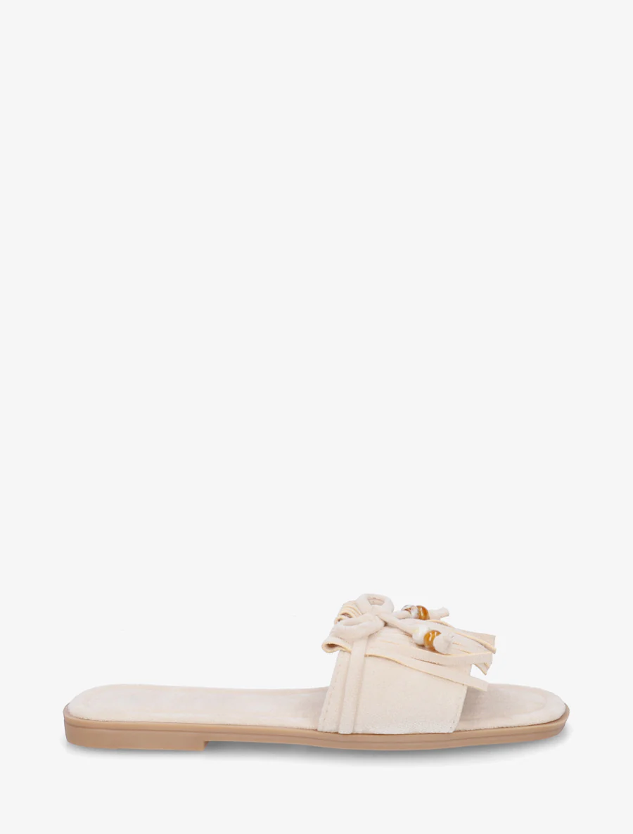 Mules en suédine à frange et noeud - Beige