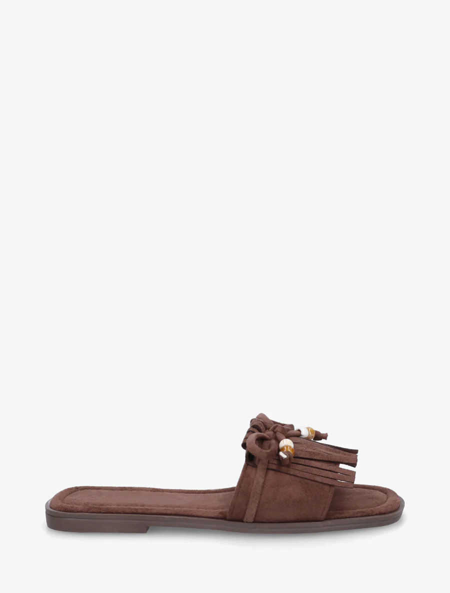Mules en suédine à frange et noeud - Marron