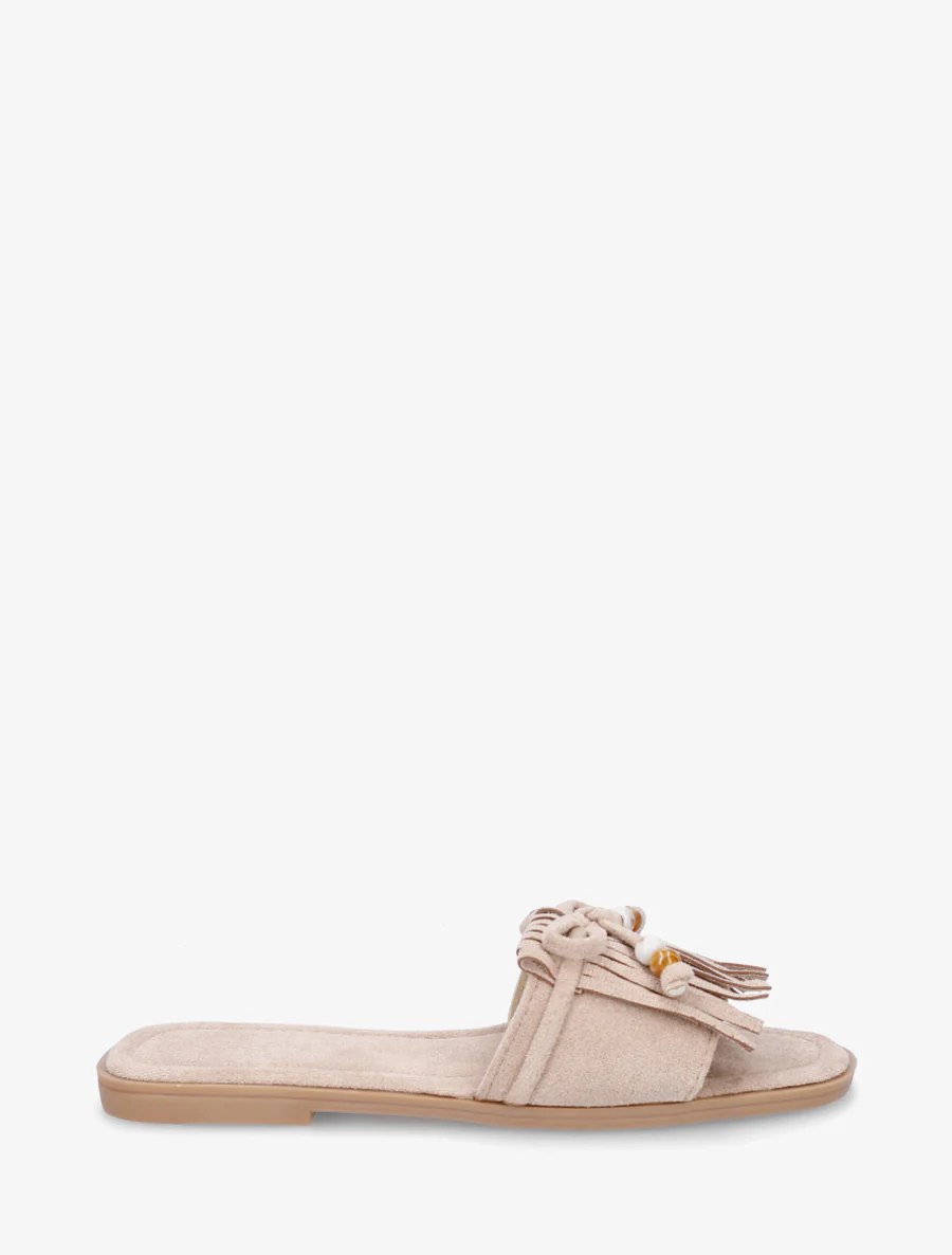 Mules en suédine à frange et noeud - Taupe