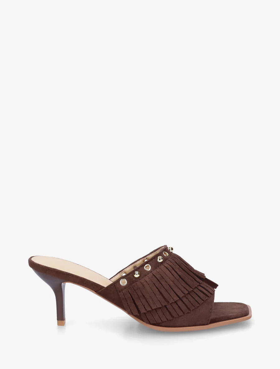 Mules en suédine à franges et clous - Marron