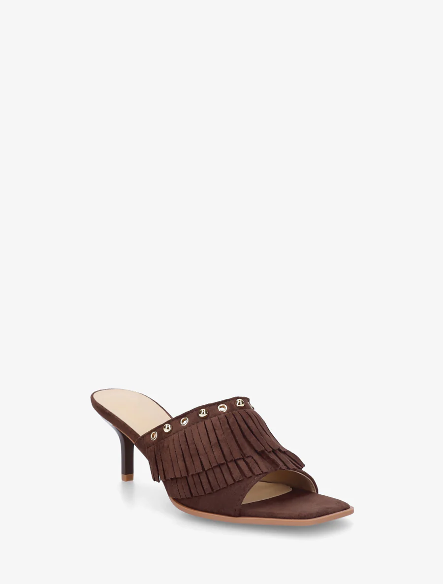 Mules en suédine à franges et clous - Marron - Image 2