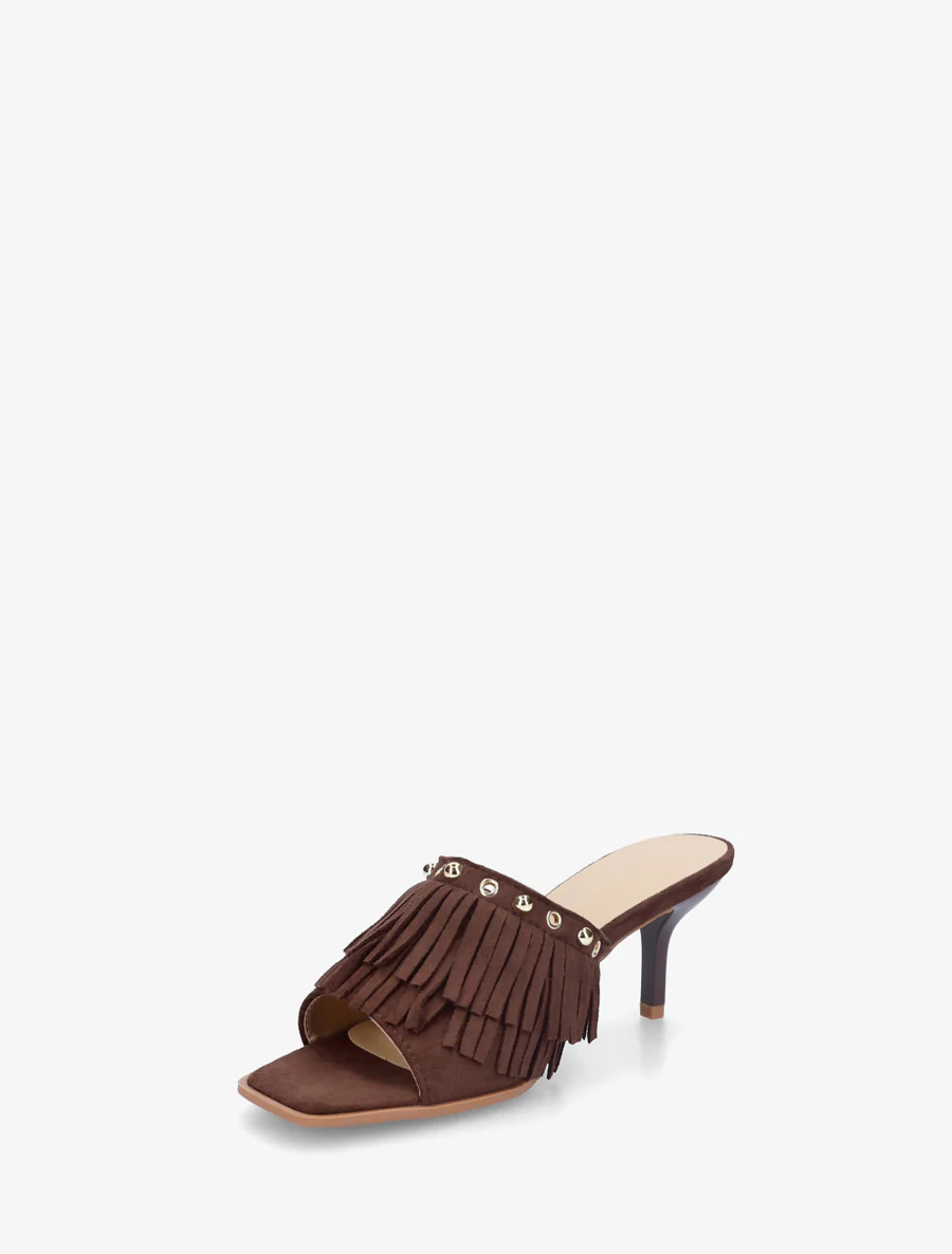 Mules en suédine à franges et clous - Marron - Image 3