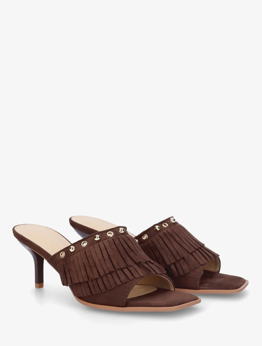 Mules en suédine à franges et clous - Marron - Image 4