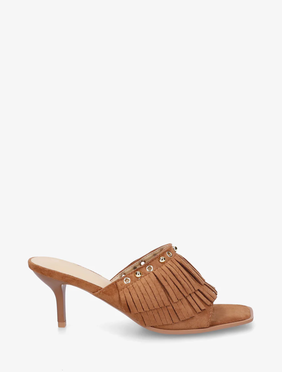 Mules en suédine à franges et clous - Camel