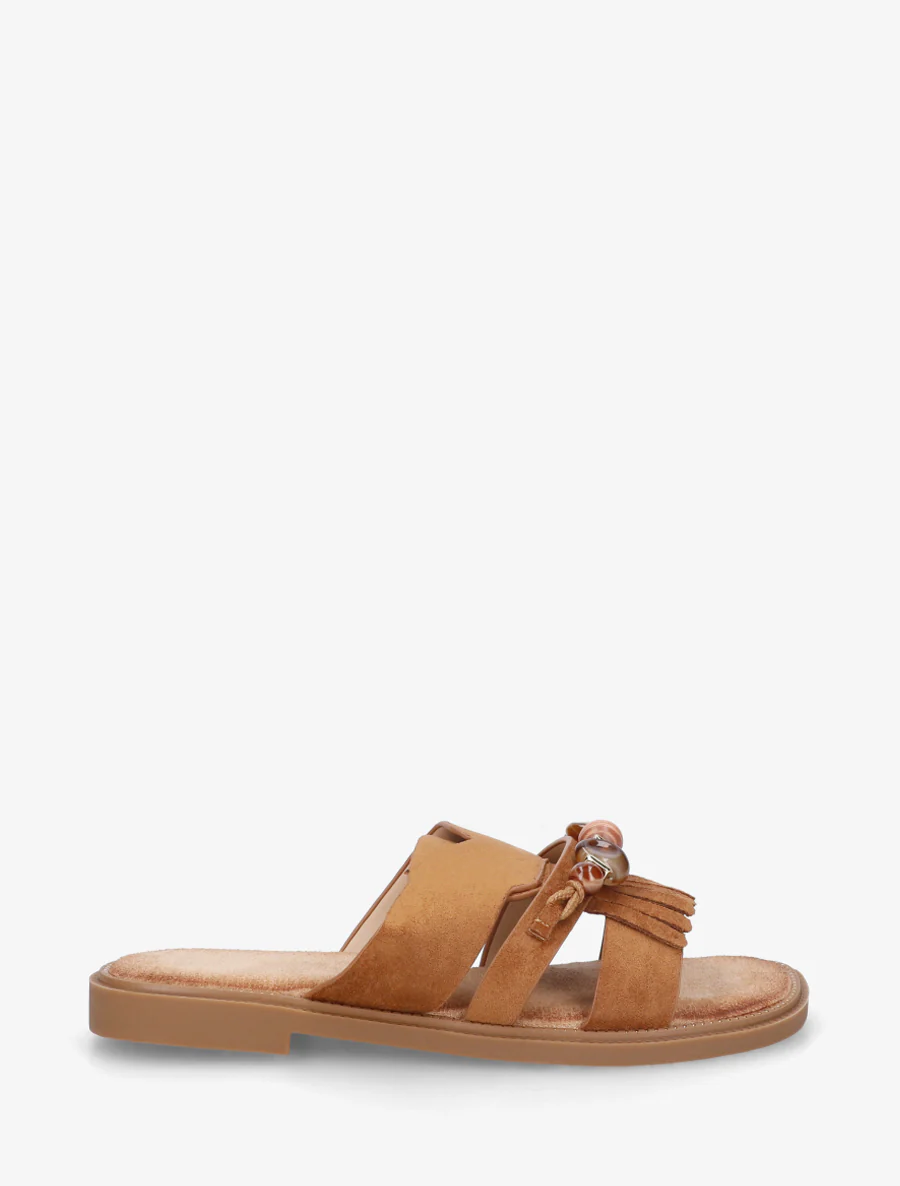Mules en suédine à franges et perles - Camel