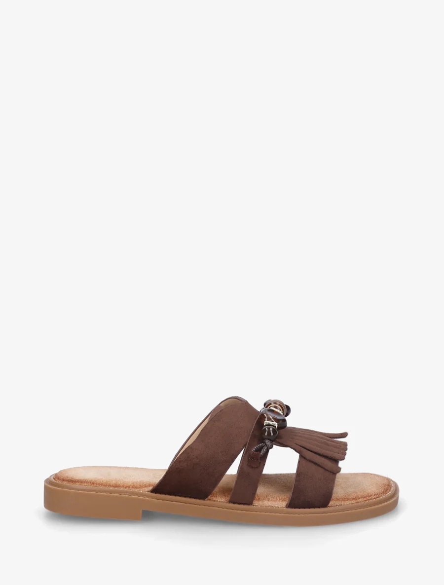 Mules en suédine à franges et perles - Marron