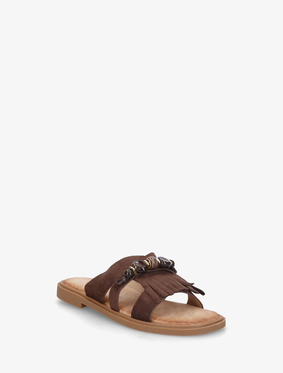 Mules en suédine à franges et perles - Marron - Image 2