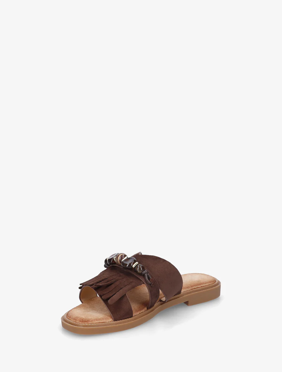 Mules en suédine à franges et perles - Marron - Image 3