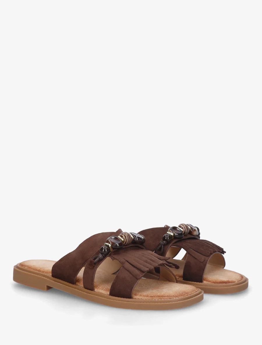 Mules en suédine à franges et perles - Marron - Image 4