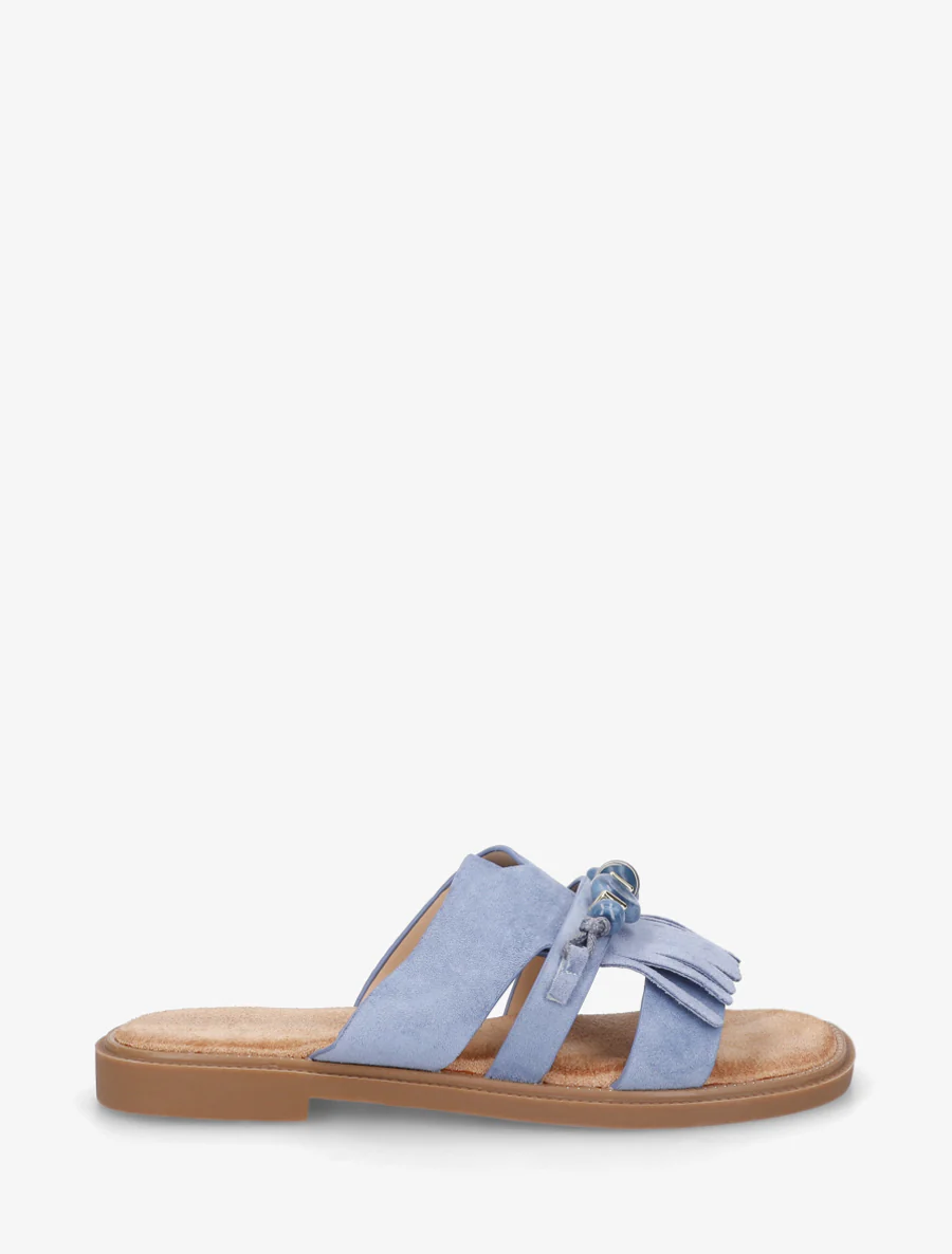 Mules en suédine à franges et perles - Bleu