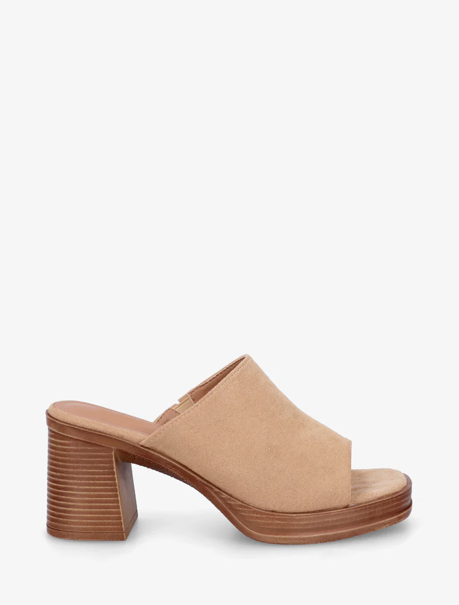 Mules en suédine à talon carré - Camel clair