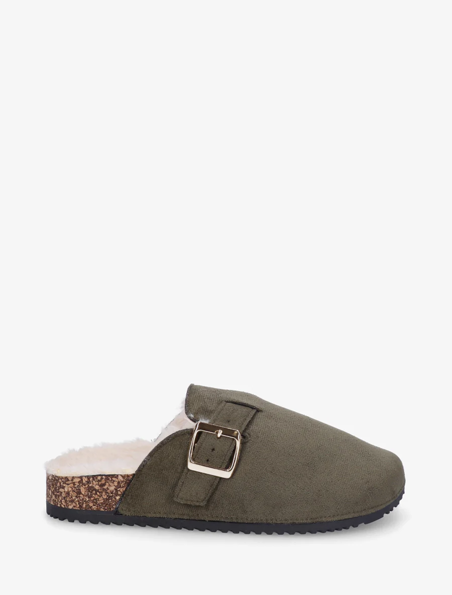 Mules fourrées en suédine - Kaki