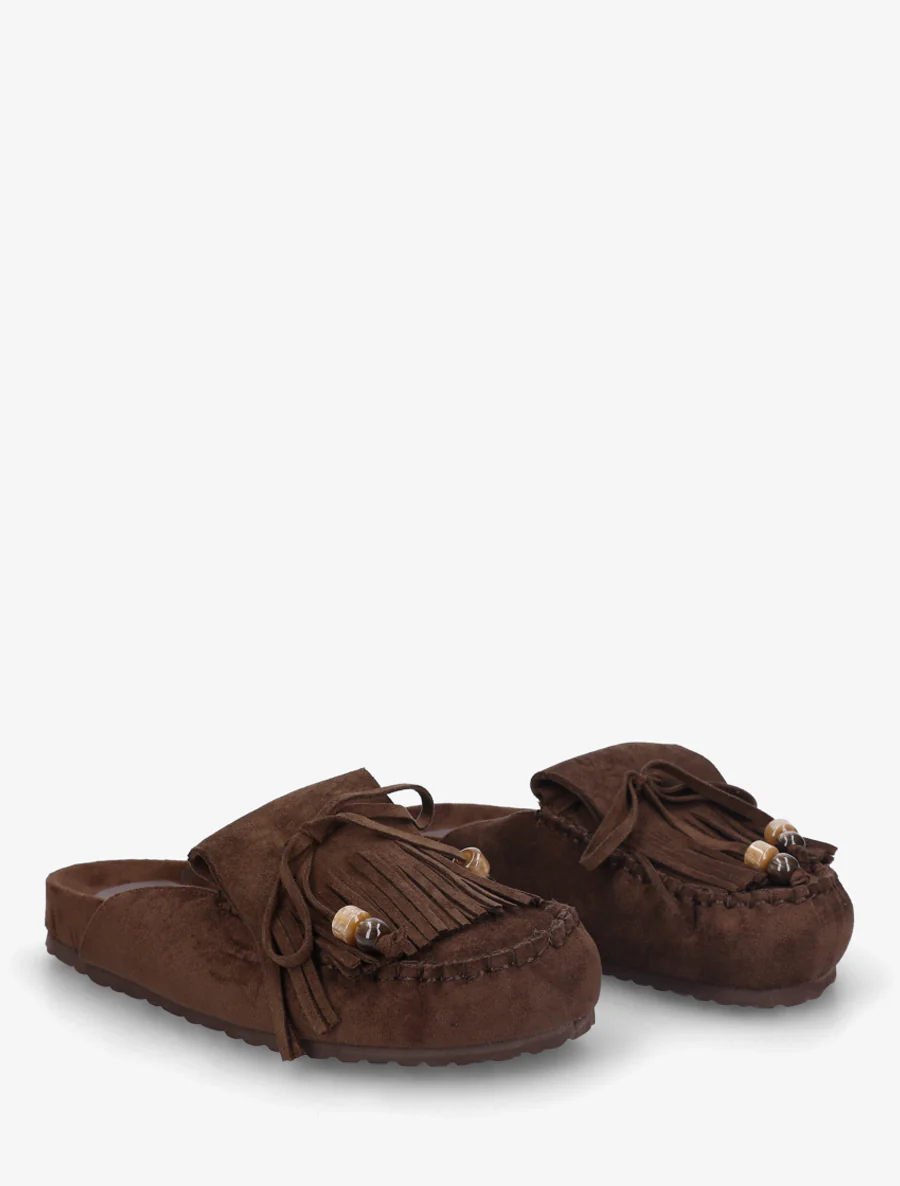 Mules frangées en suédine - Marron - Image 4