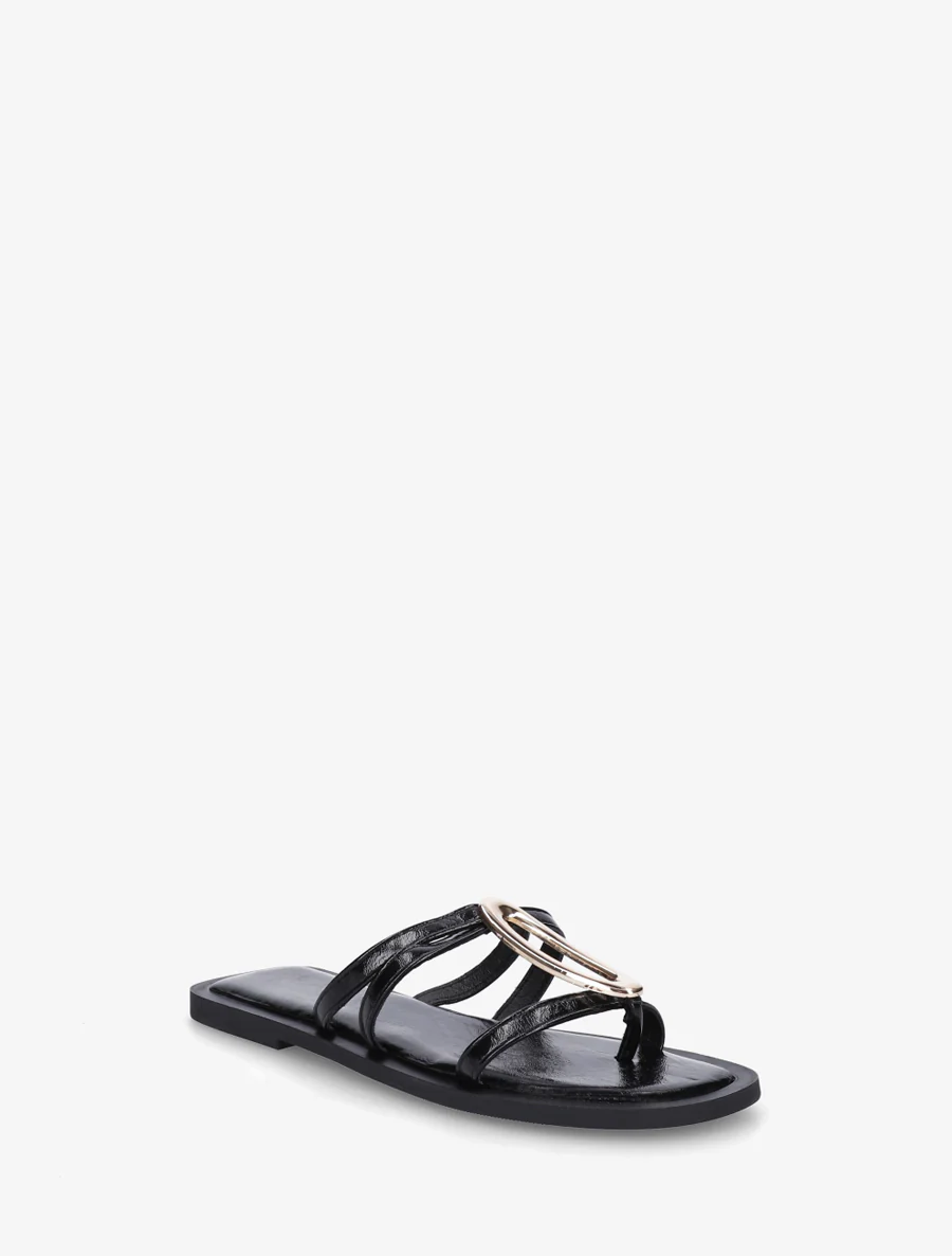 Mules plates à fines brides et bijou métal - Noir - Image 2