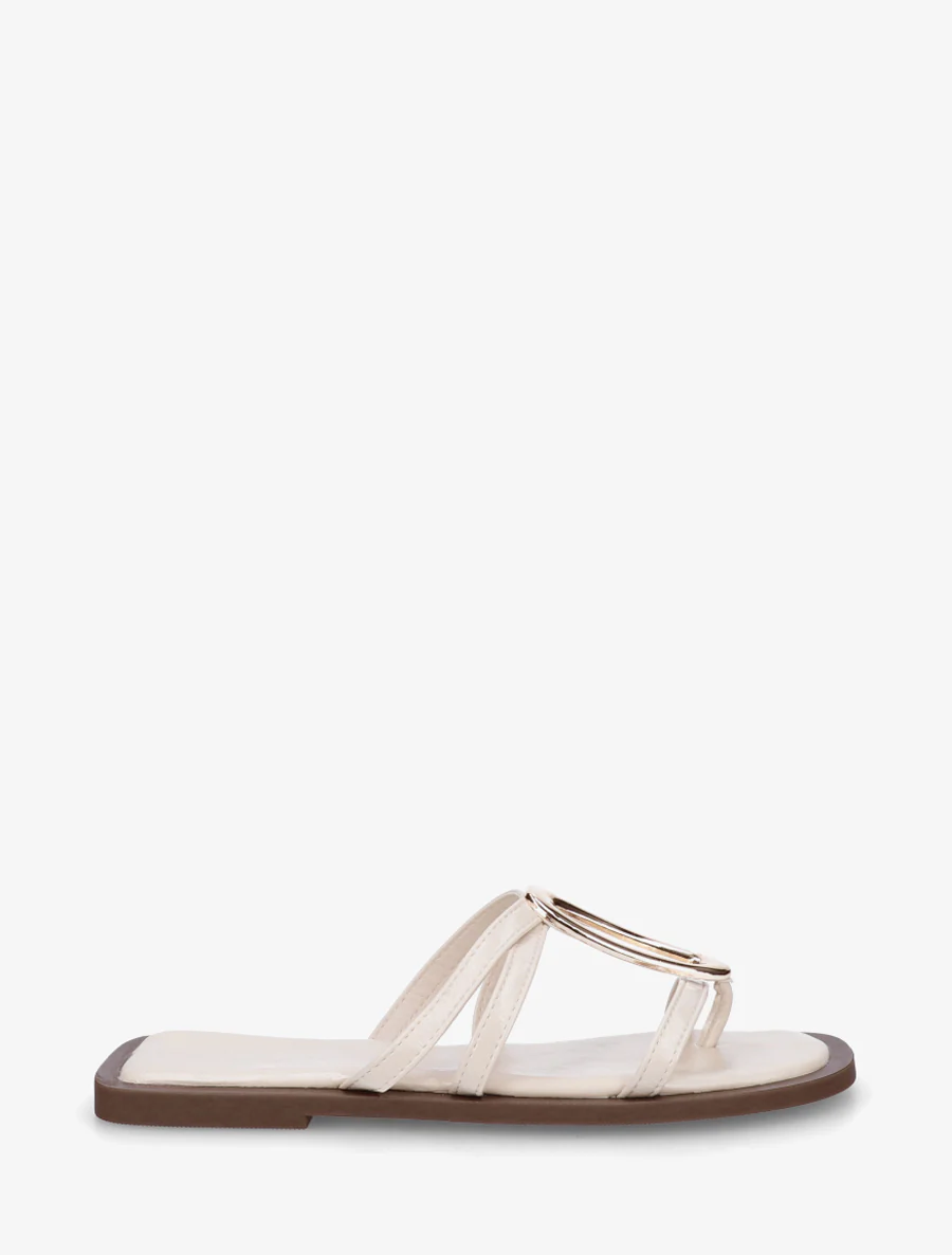 Mules plates à fines brides et bijou métal - Beige