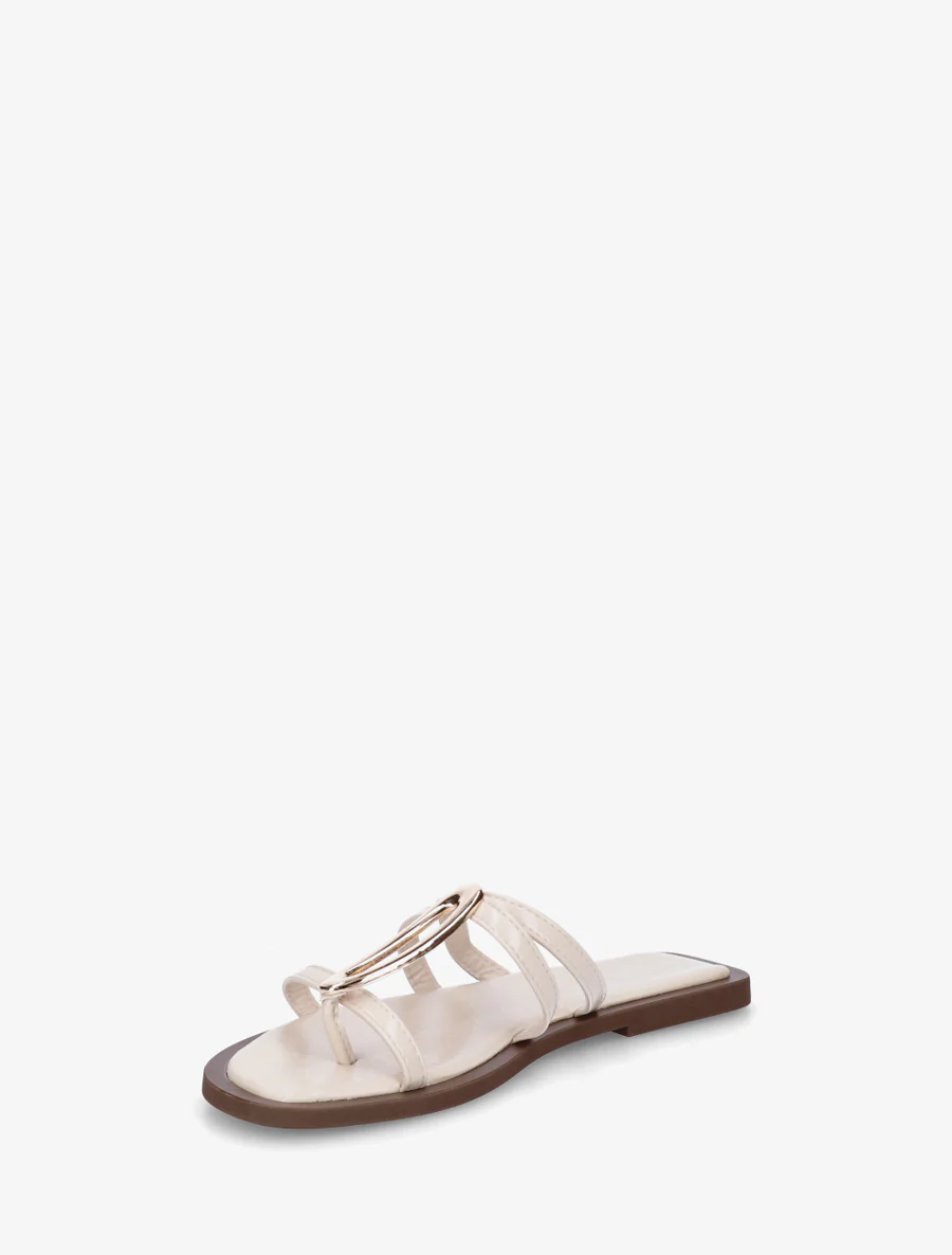 Mules plates à fines brides et bijou métal - Beige - Image 3