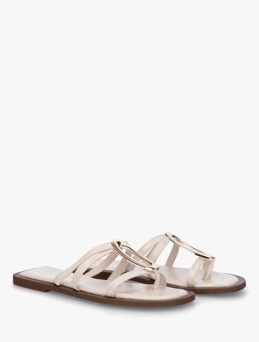 Mules plates à fines brides et bijou métal - Beige - Image 4