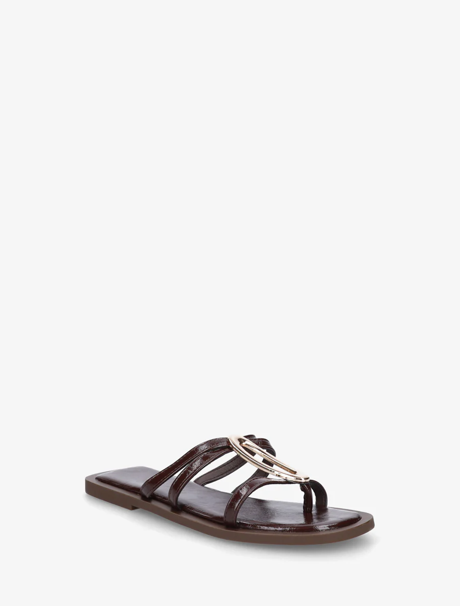 Mules plates à fines brides et bijou métal - Marron - Image 2