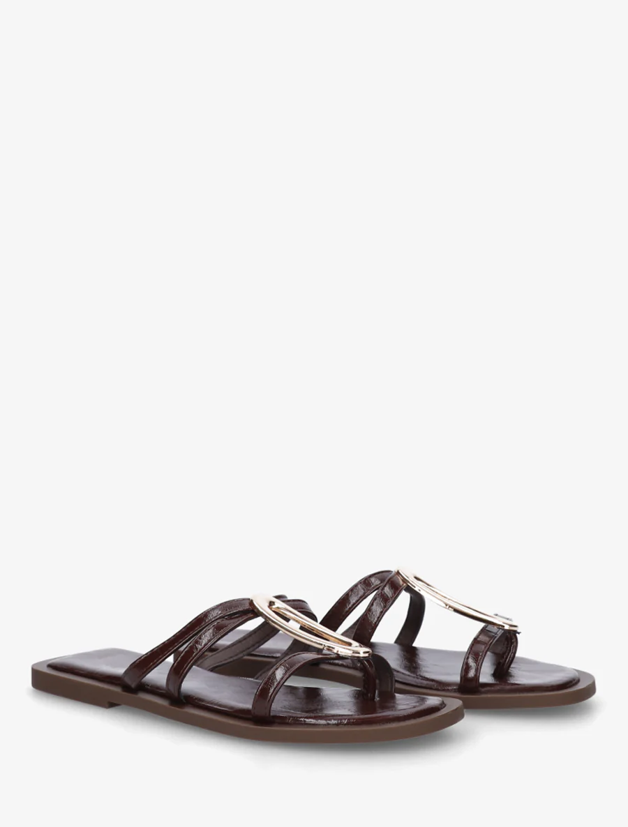 Mules plates à fines brides et bijou métal - Marron - Image 4