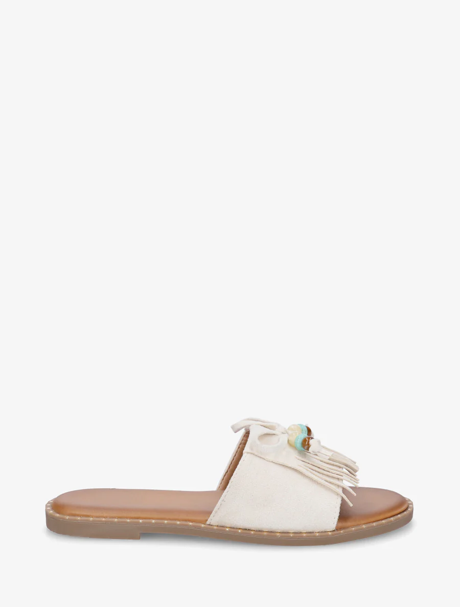 Mules plates à franges et perles en suédine - Beige