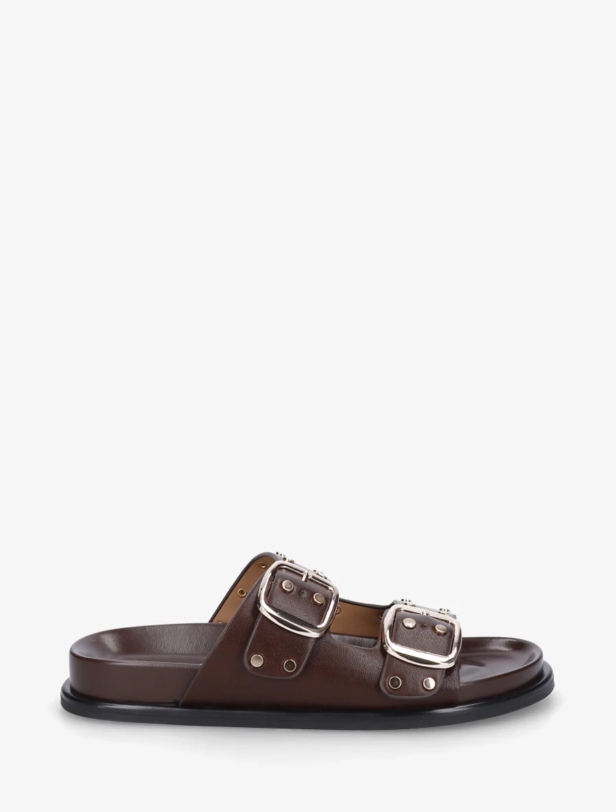 Mules plates cloutées à double boucles - Marron