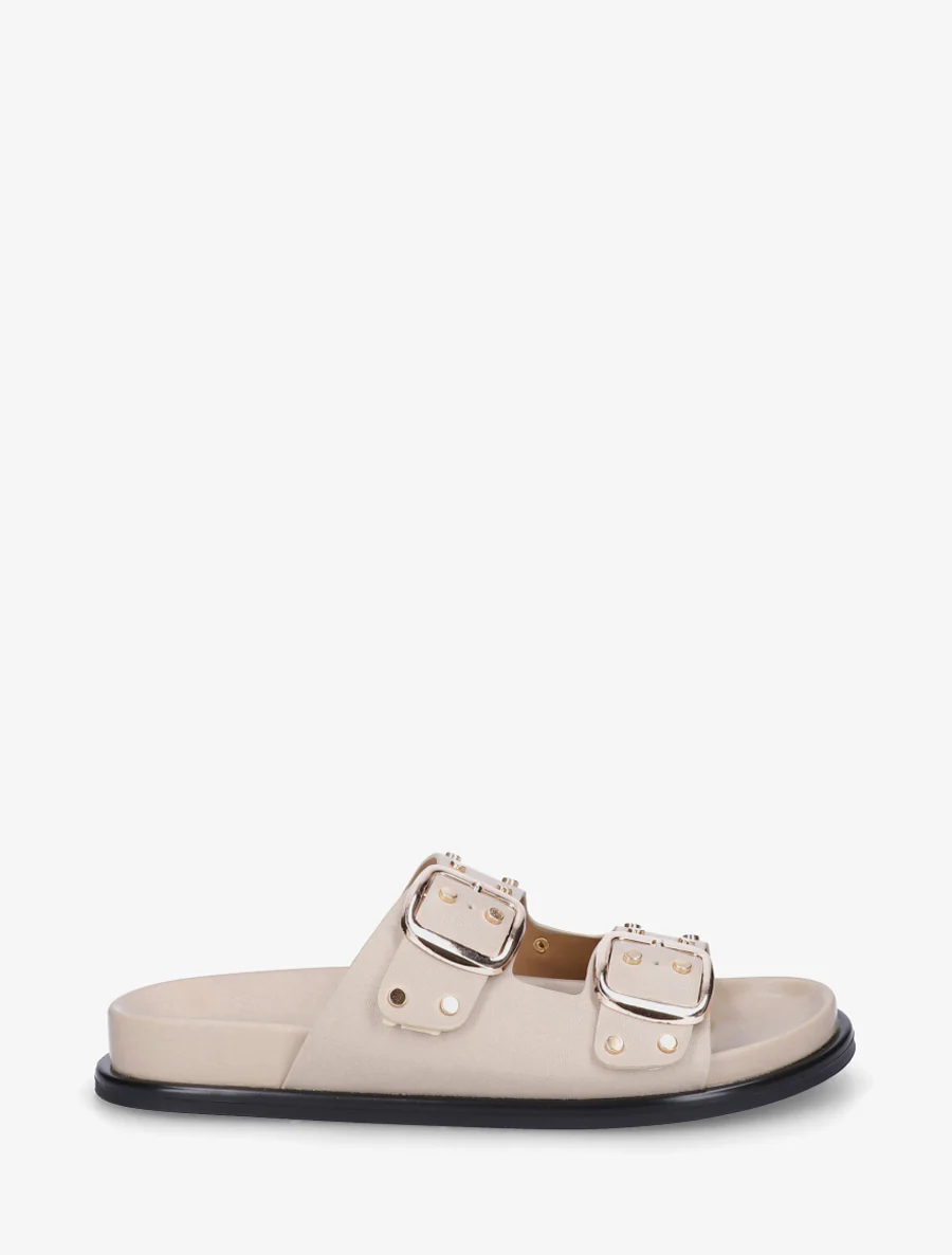 Mules plates cloutées à double boucles - Beige