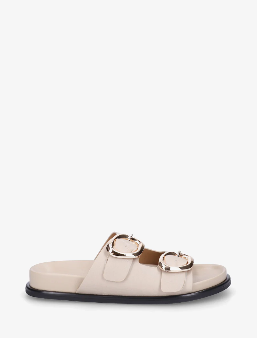 Mules plates en simili à double boucles - Beige