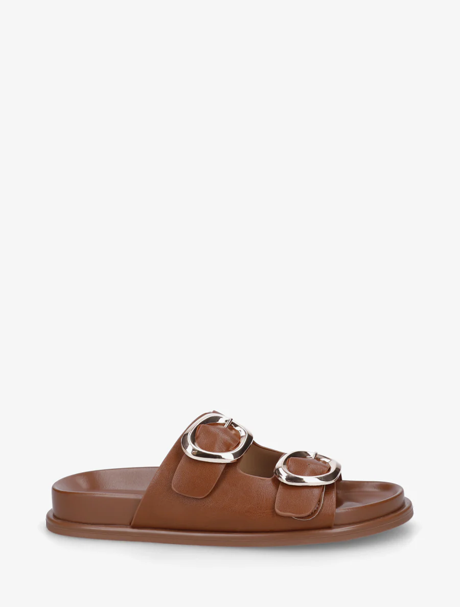 Mules plates en simili à double boucles - Camel