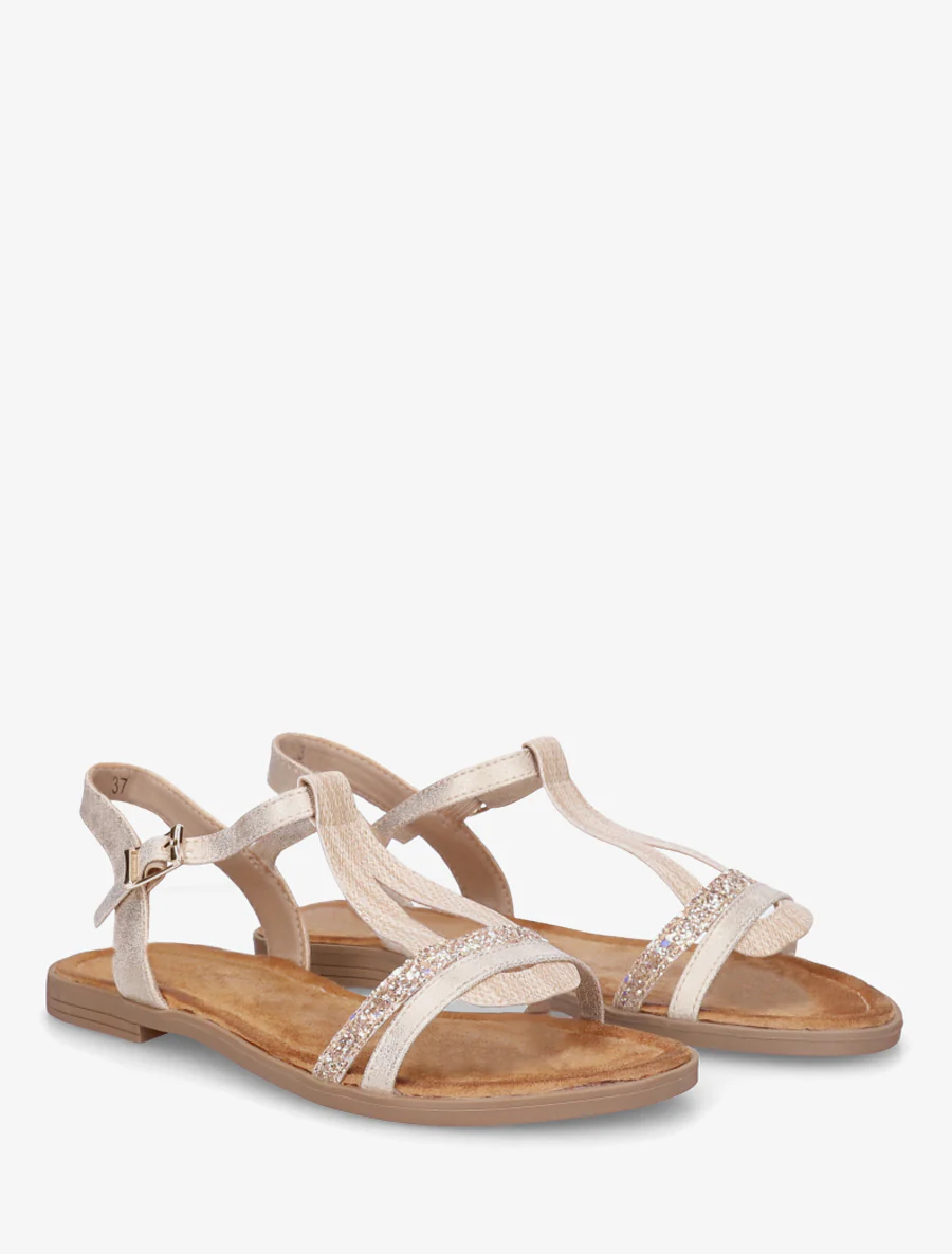 Nu-pieds à bride en T pailletée - Beige - Image 4