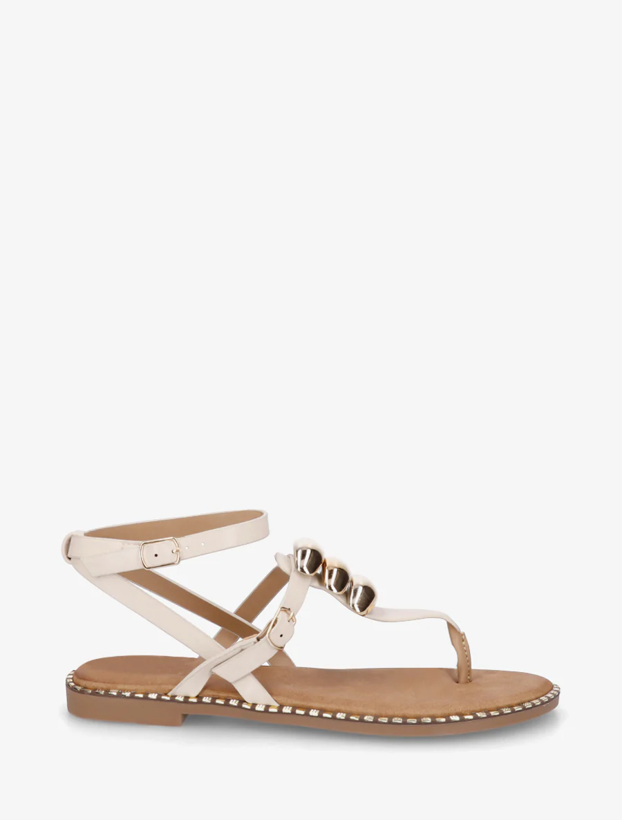 Nu-pieds à entredoigt et bijoux métalliques - Beige