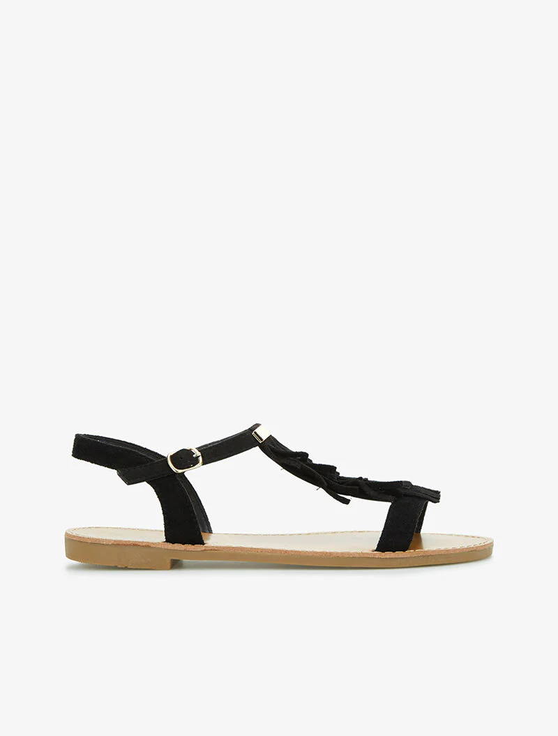 Nu-pieds bride en T frangée - noir