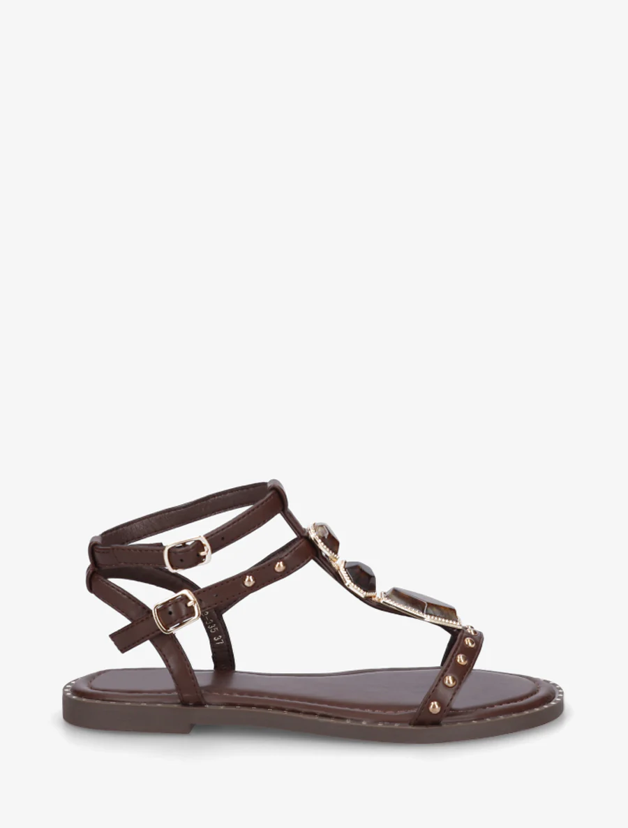 Nu-pieds en simili à empiècement pierres - Marron