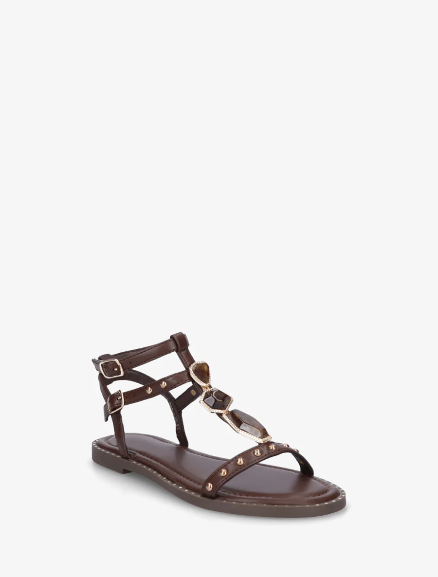 Nu-pieds en simili à empiècement pierres - Marron - Image 2