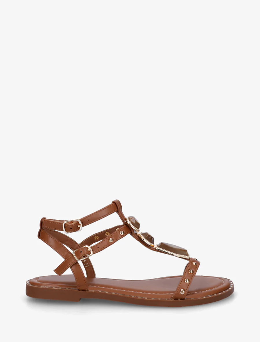 Nu-pieds en simili à empiècement pierres - Camel