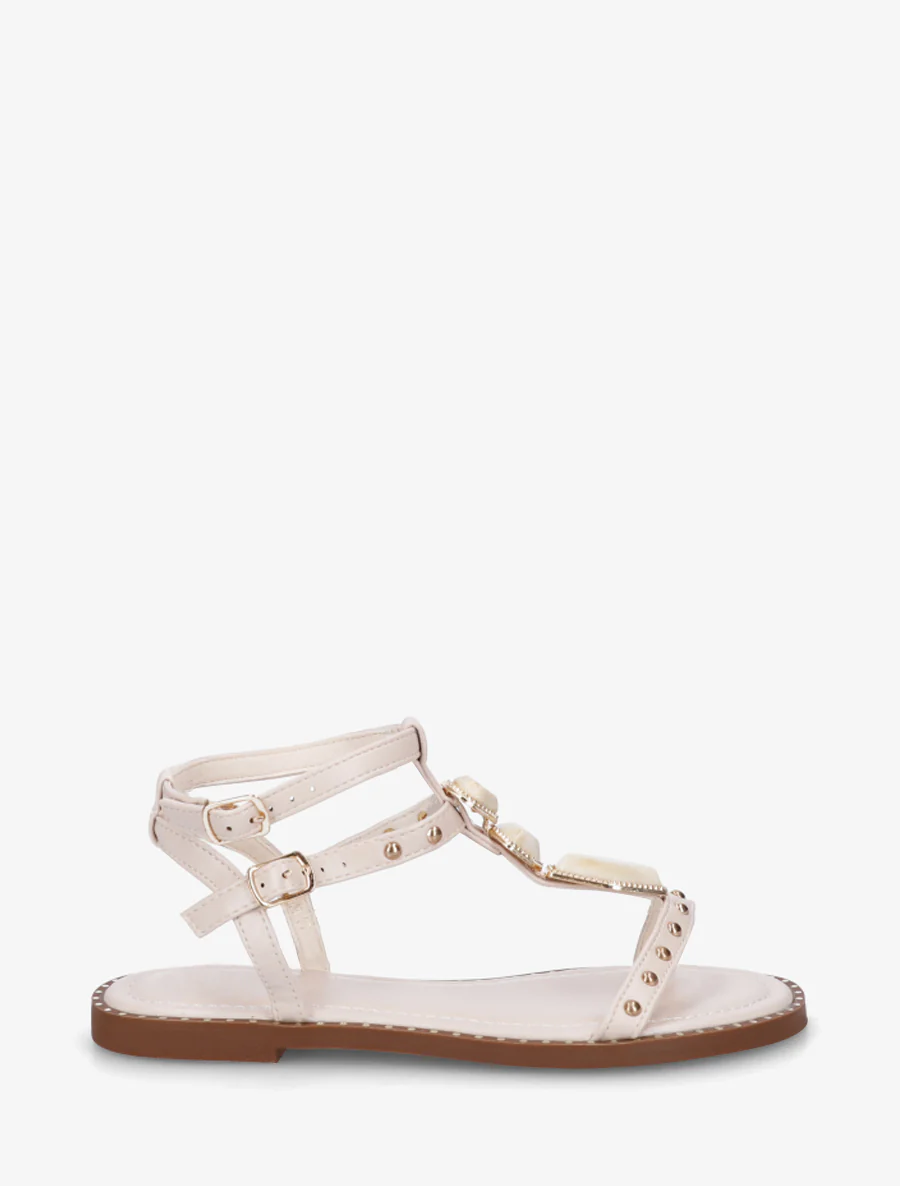 Nu-pieds en simili à empiècement pierres - Beige
