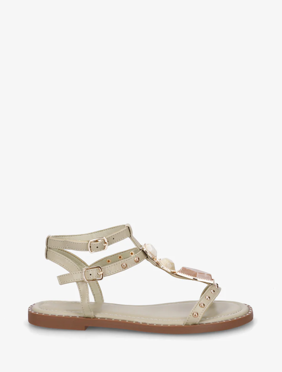 Nu-pieds en simili à empiècement pierres - Kaki clair