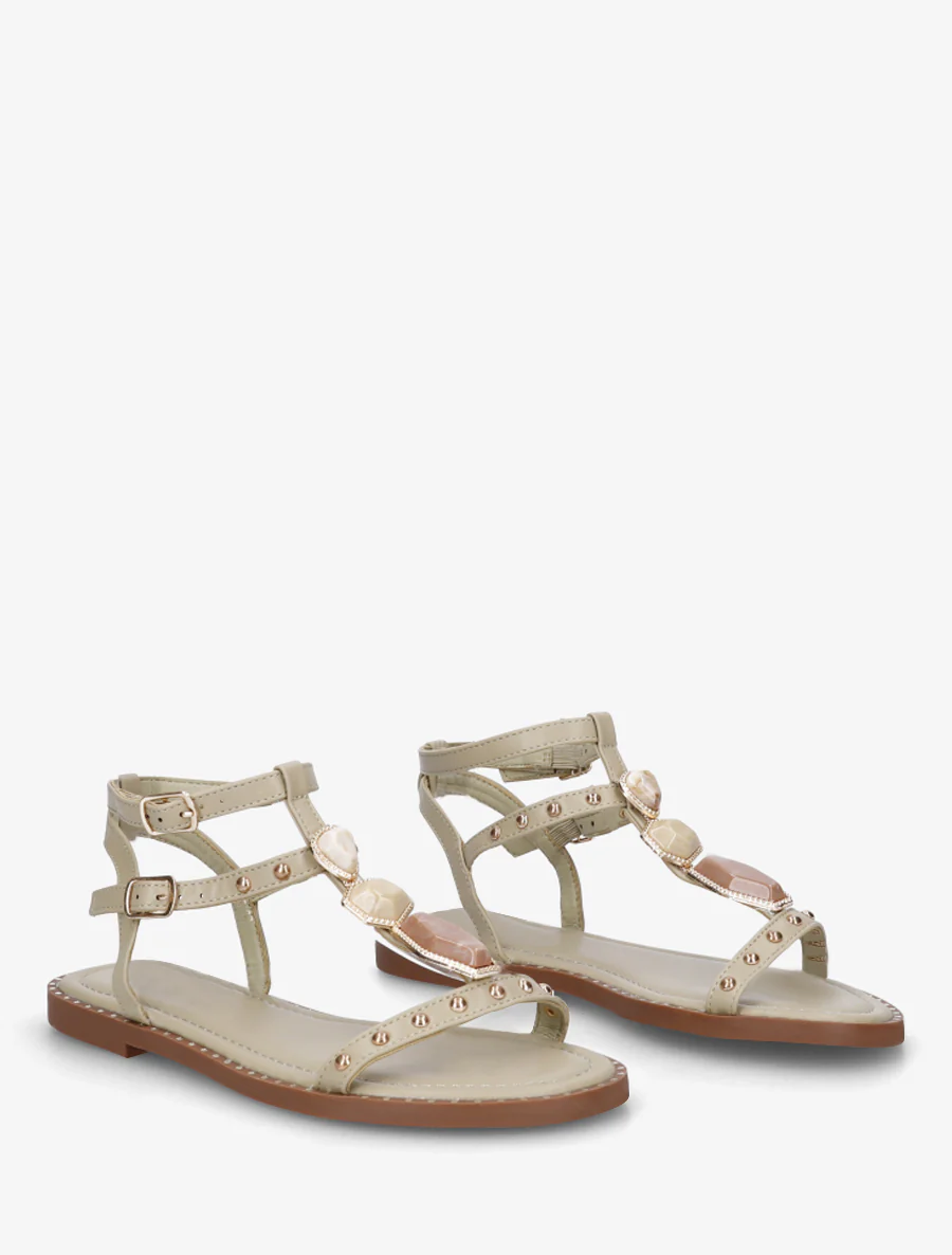 Nu-pieds en simili à empiècement pierres - Kaki clair - Image 4