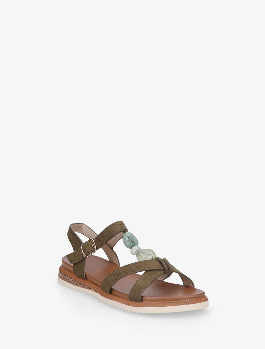 Nu-pieds en suédine à empiècement bijoux pierres - Kaki - Image 2
