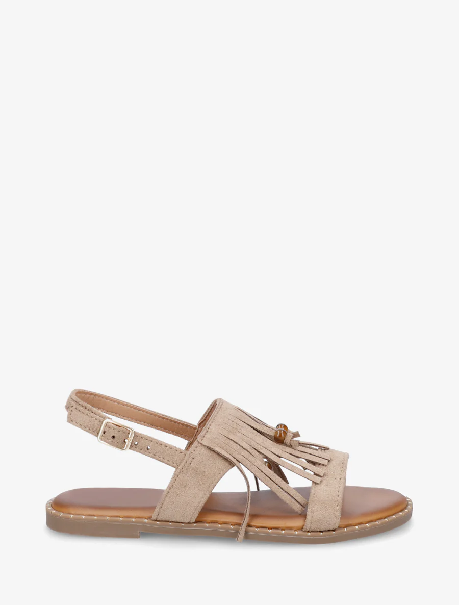 Nu-pieds en suédine à franges et perles - Taupe
