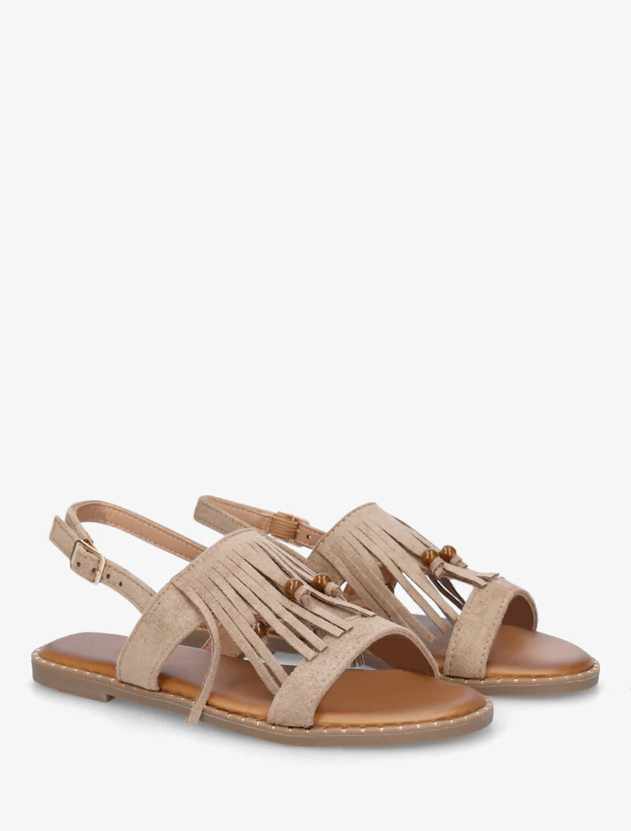 Nu-pieds en suédine à franges et perles - Taupe - Image 4